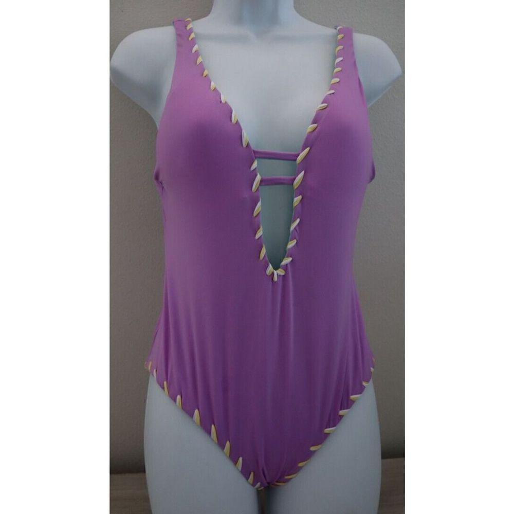 Becca x Rebecca Virtue Sz S Prp/Teal Skylar Plunge Reversible 1-Pc Swimsuit $138